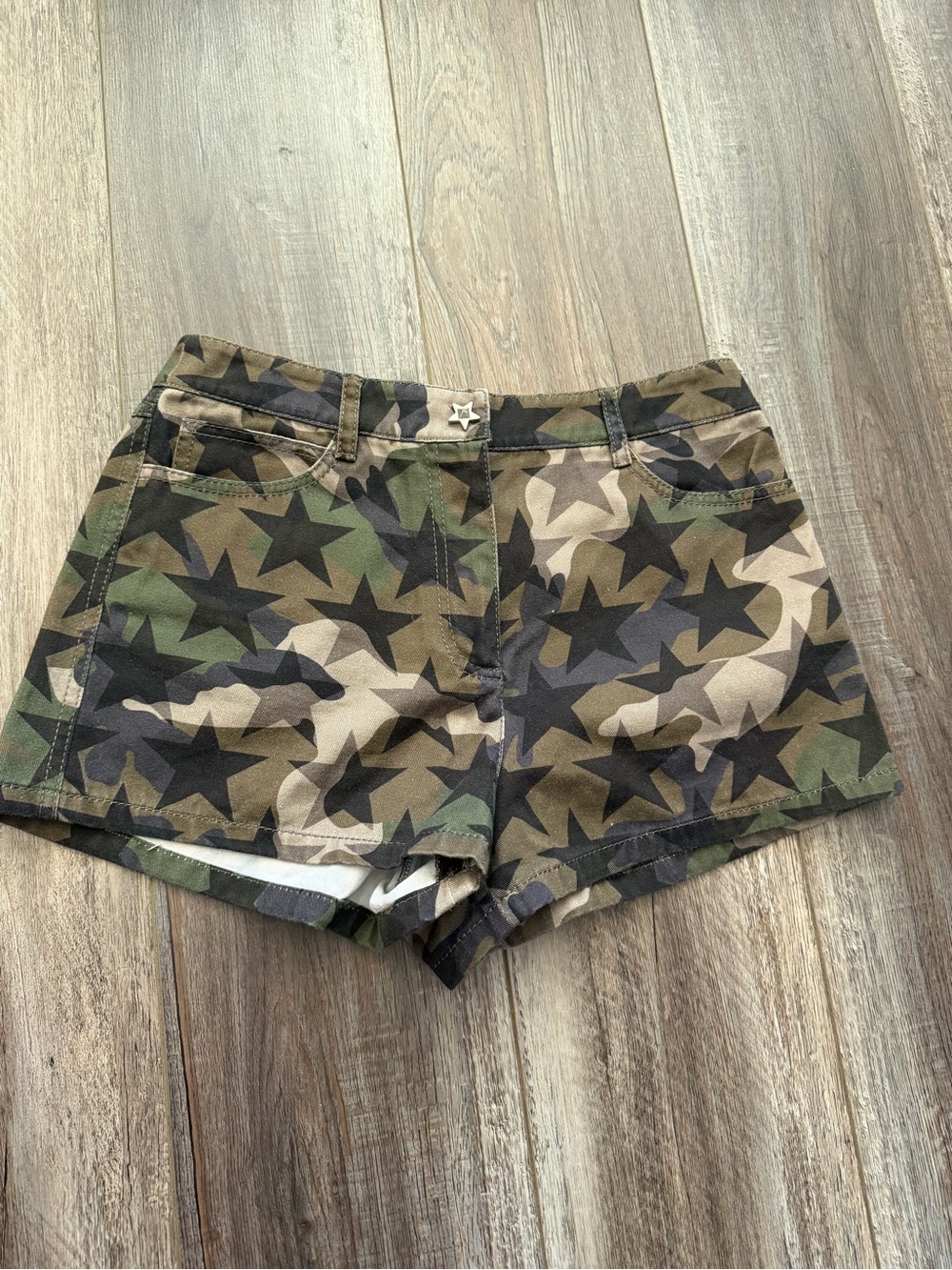 Valentino Camouflage Star Print Jean Shorts - Green, Brown, Black